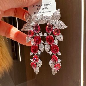 Elegant Silver Drop Earrings with Red Crystal Accents